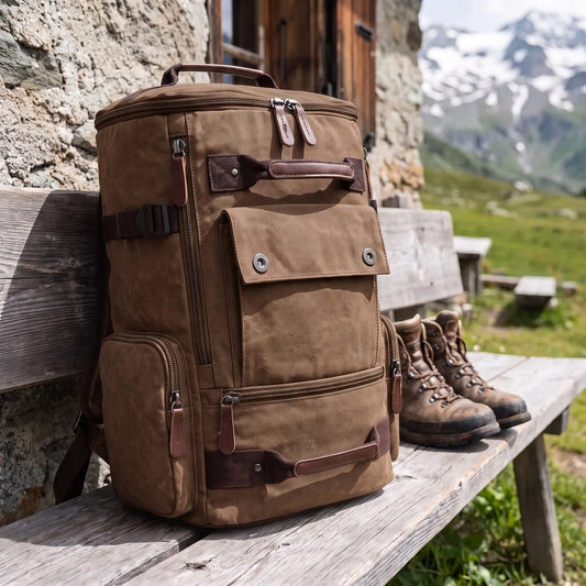 Large canvas rucksack in brown on a wooden bench outside a mountain hut