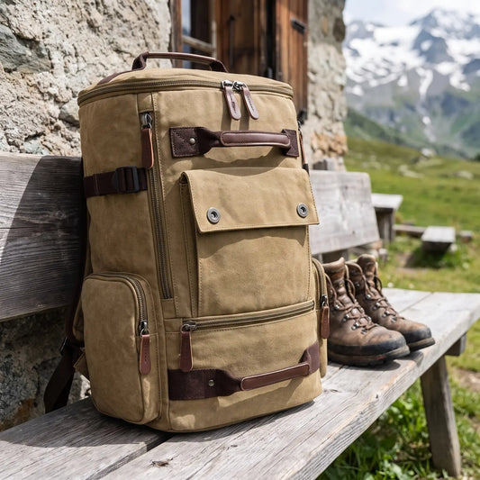 Large canvas rucksack in khaki on a wooden bench outside a mountain hut