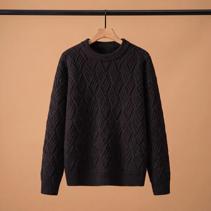 Men's black lattice knit crew-neck sweater on a wooden hanger