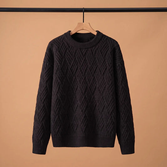Men's black lattice knit crew-neck sweater on a wooden hanger