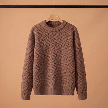Men's brown lattice knit crew-neck sweater on a wooden hanger