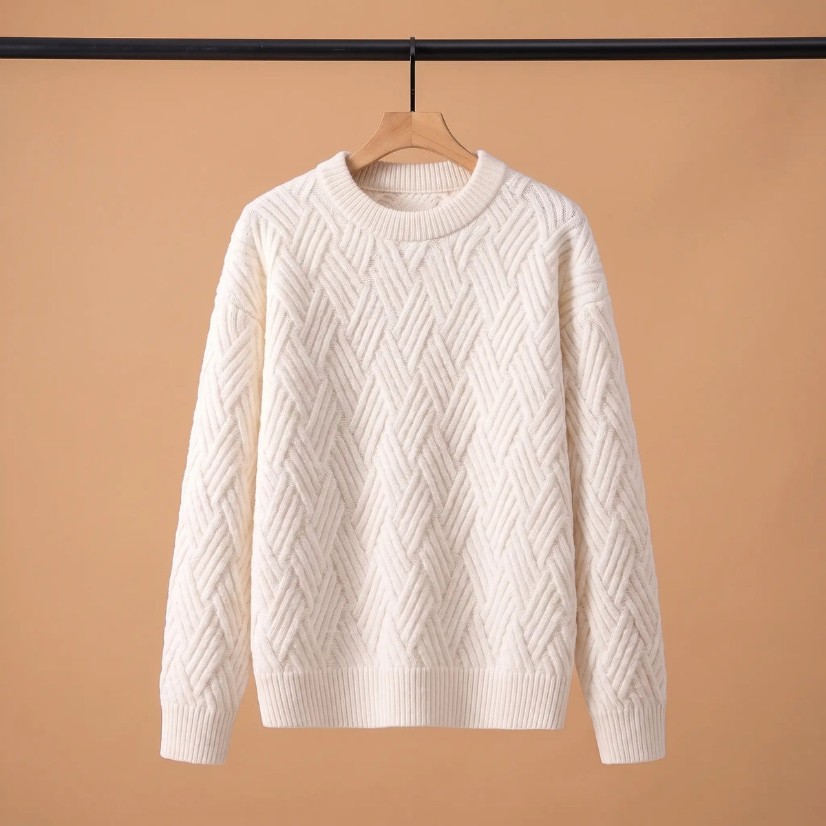 Men's cream lattice knit crew-neck sweater on a wooden hanger