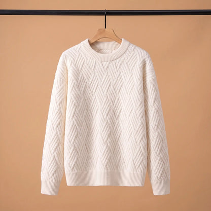 Men's cream lattice knit crew-neck sweater on a wooden hanger