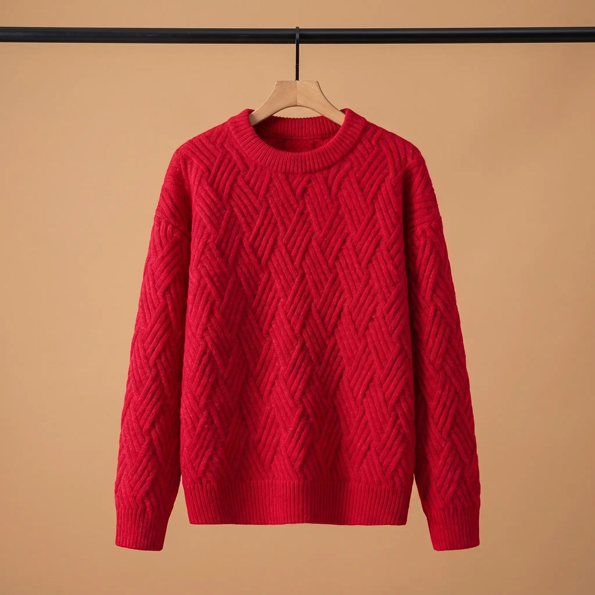 Men's red lattice knit crew-neck sweater on a wooden hanger