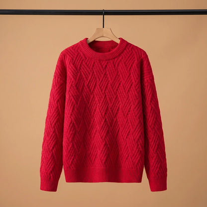 Men's red lattice knit crew-neck sweater on a wooden hanger