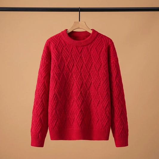 Men's red lattice knit crew-neck sweater on a wooden hanger
