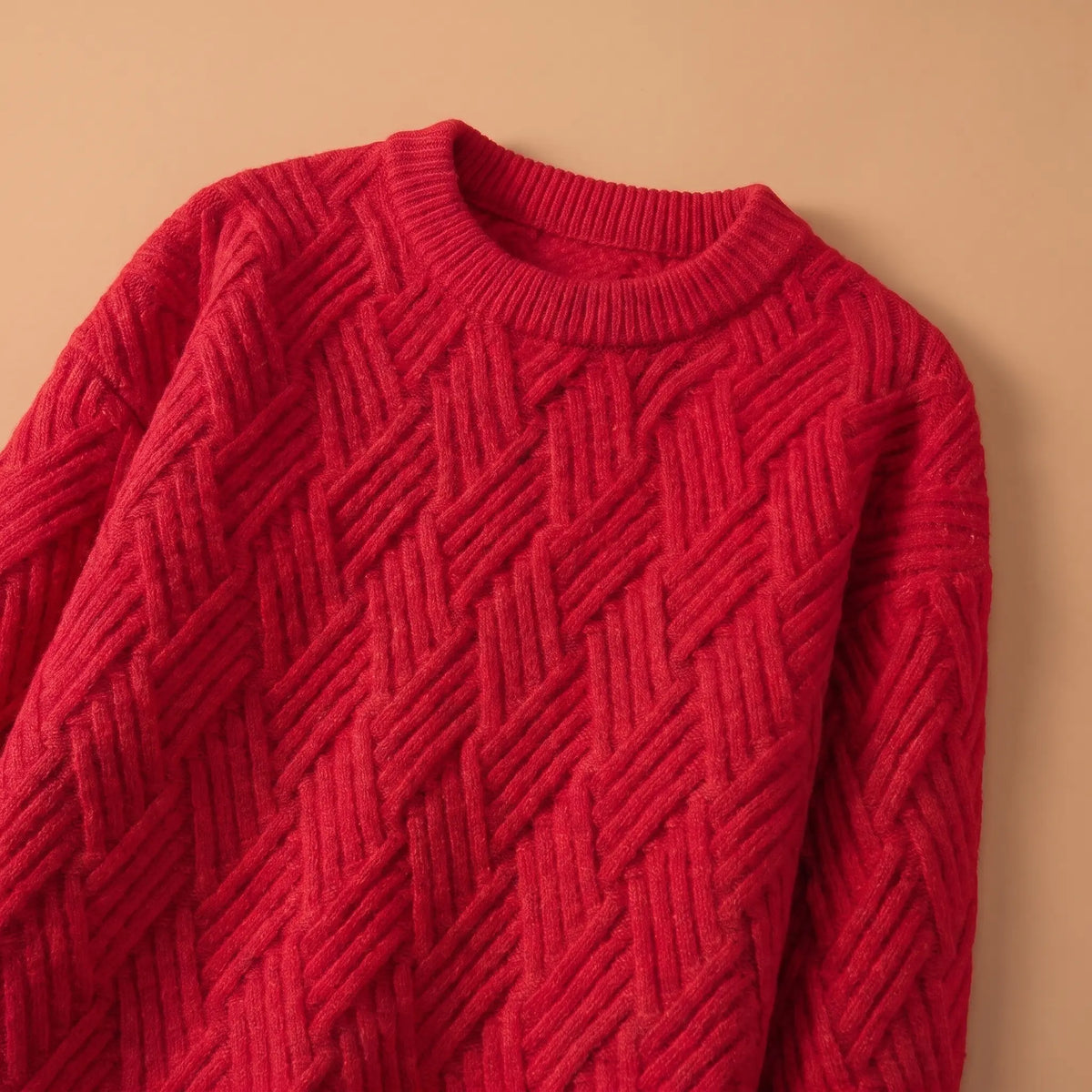 Close-up of the ribbed collar and lattice knit on the red sweater