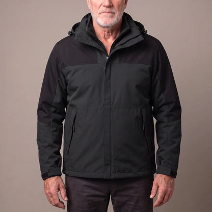 Men's black hooded shell jacket with a zip-in fleece and zip hand pockets, worn zipped