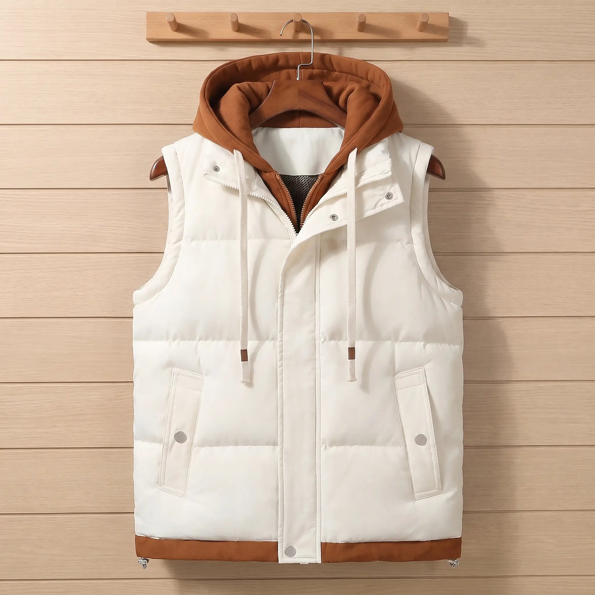 LAYERED HOOD VEST in beige, men's quilted padded vest with a rust brown fleece-lined hood
