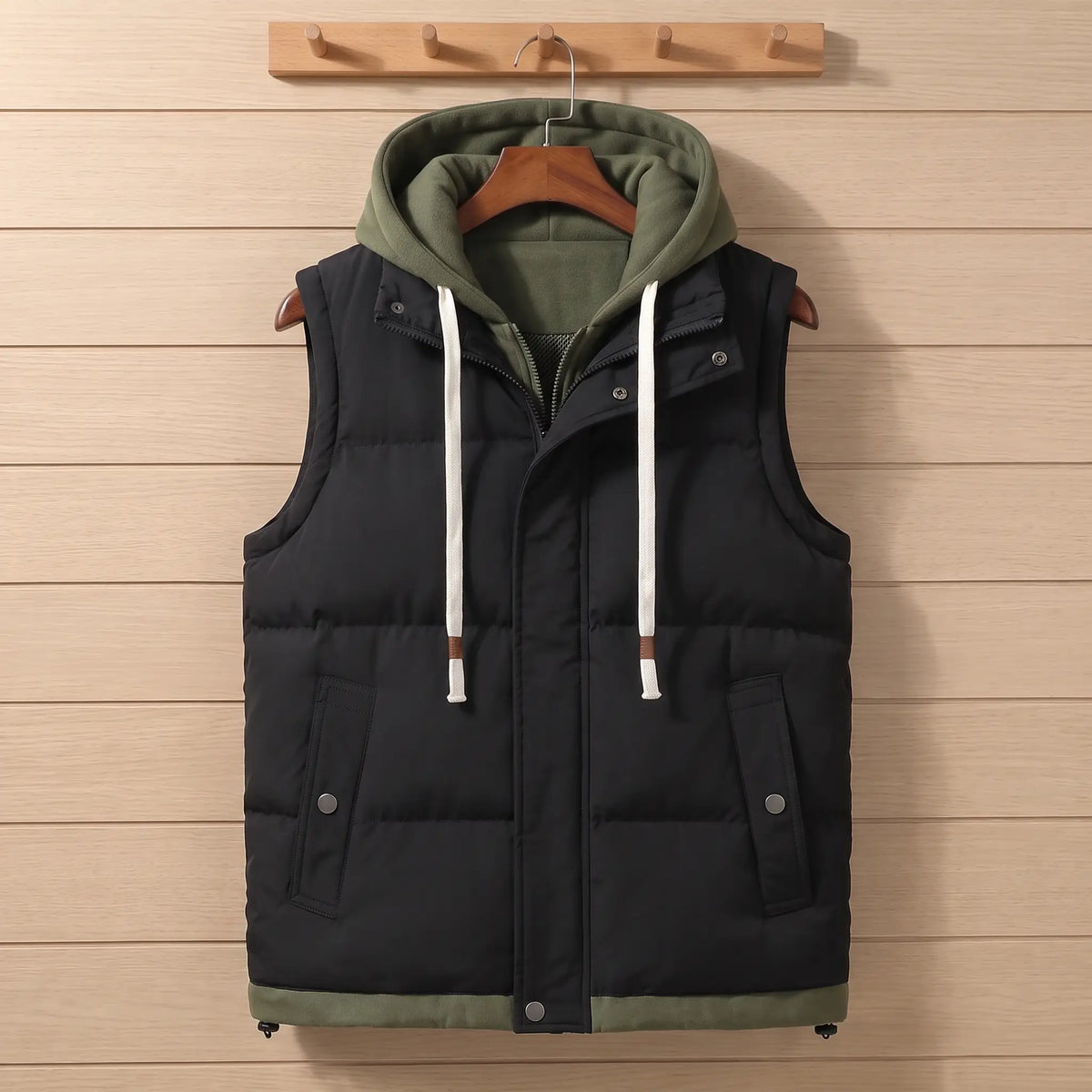 LAYERED HOOD VEST in black, men's quilted padded vest with an olive green fleece-lined hood