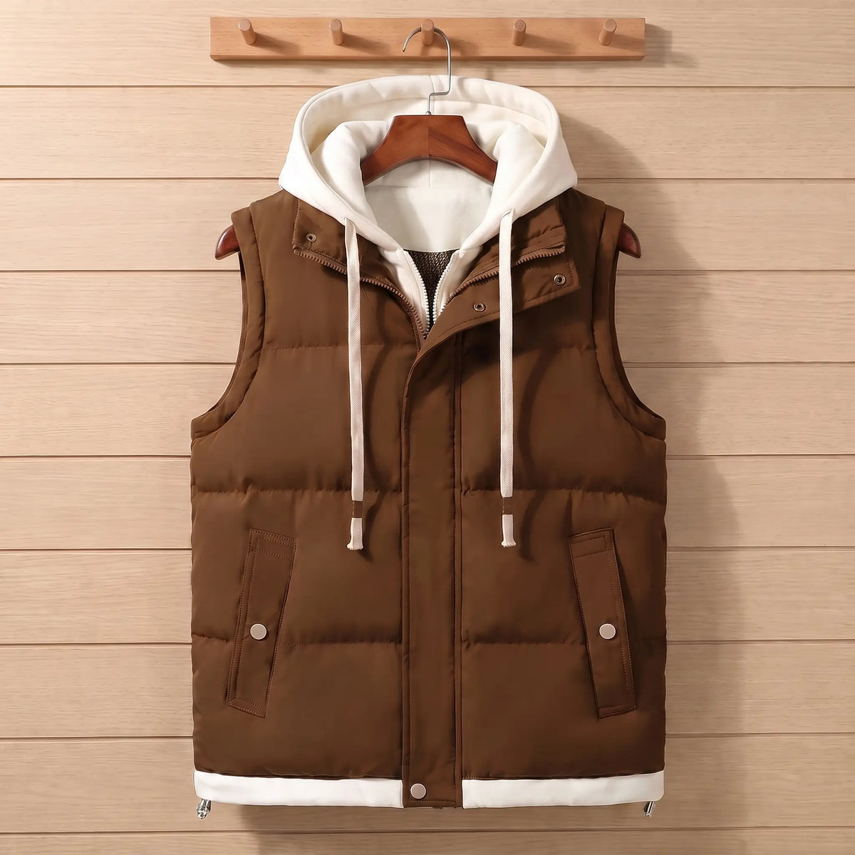 LAYERED HOOD VEST in brown, men's quilted padded vest with a cream fleece-lined hood