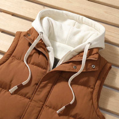 Close up of the LAYERED HOOD VEST fleece hood, drawcords and snap collar
