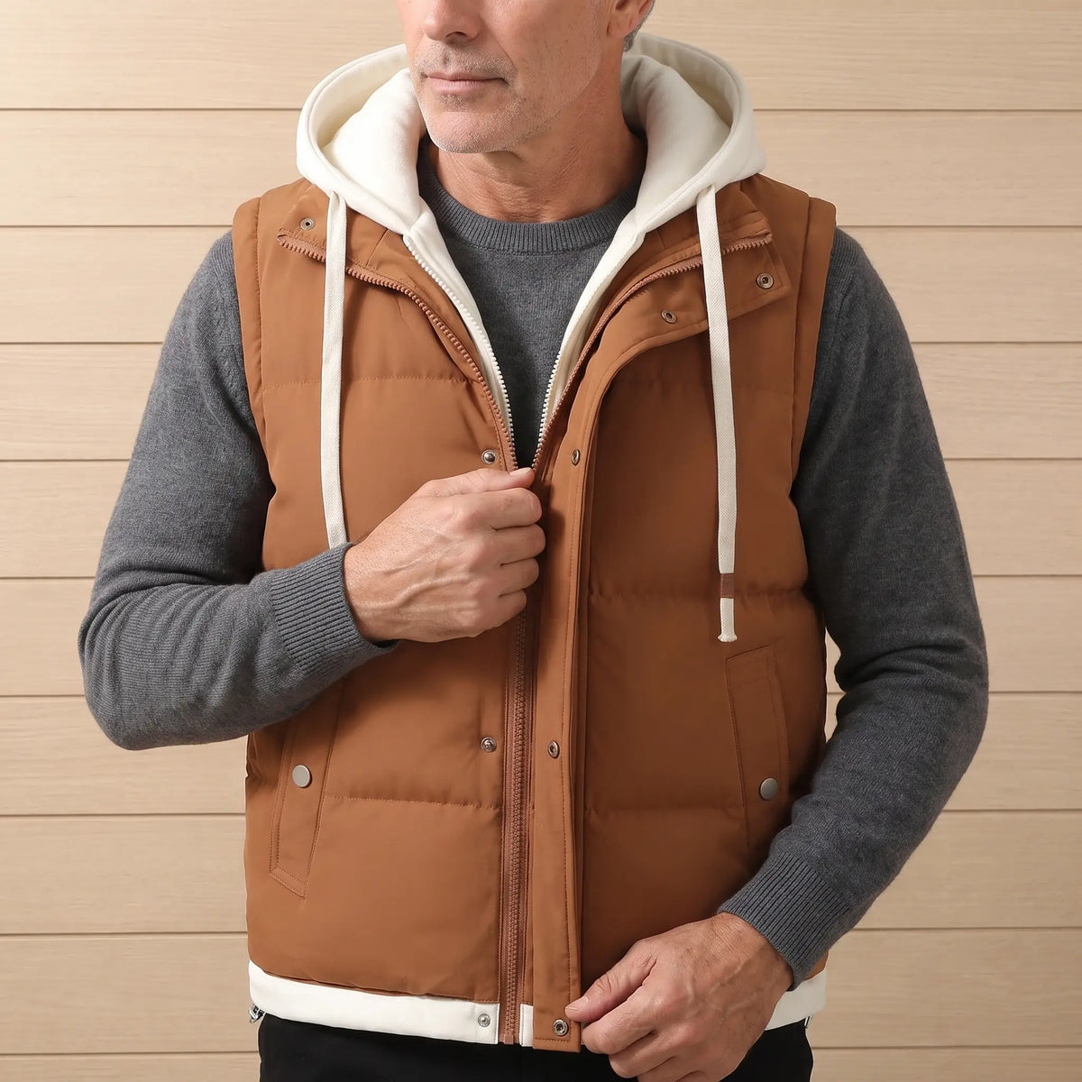 Man zipping up the LAYERED HOOD VEST in tan