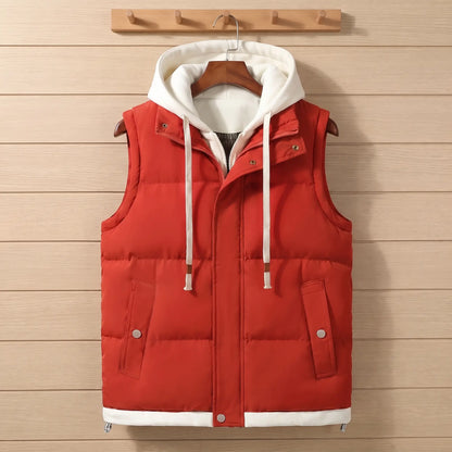 LAYERED HOOD VEST in red, men's quilted padded vest with a cream fleece-lined hood