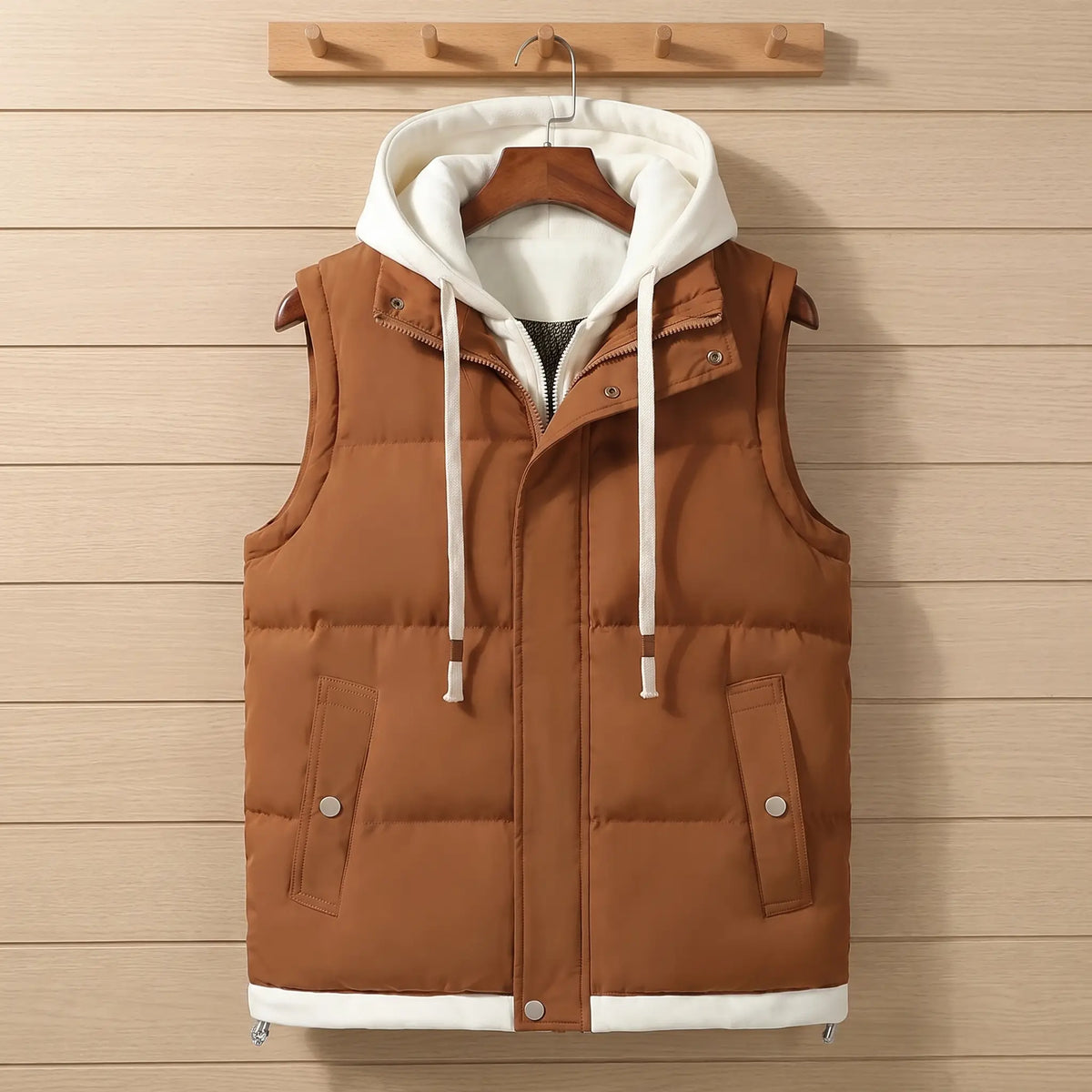 LAYERED HOOD VEST in tan, men's quilted padded vest with a cream fleece-lined hood