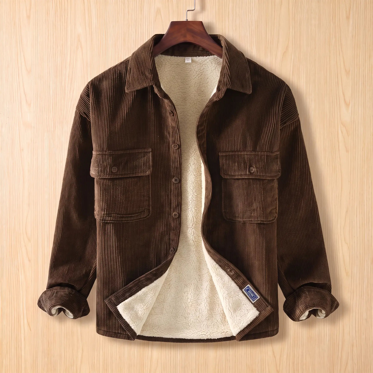 Layering Shirt Jacket in brown, a fleece lined corduroy overshirt with two buttoned chest pockets on a wooden hanger