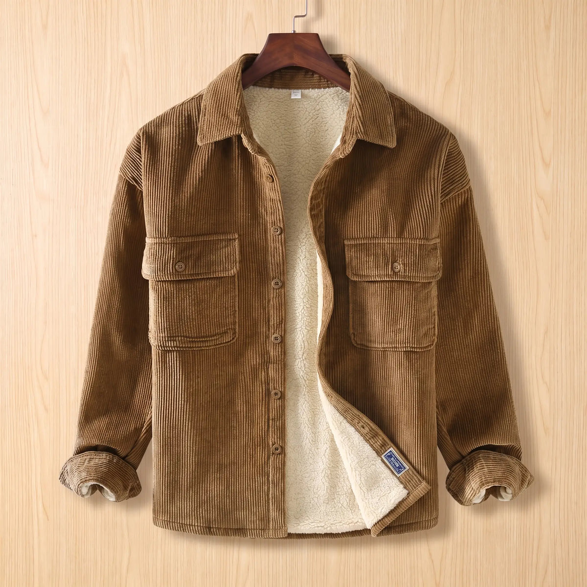 Layering Shirt Jacket in khaki, a fleece lined corduroy overshirt with two buttoned chest pockets on a wooden hanger