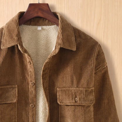 Close up of the collar, button placket, fleece lining and corduroy rib on the khaki Layering Shirt Jacket