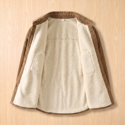Inside view of the full sherpa fleece lining on the khaki Layering Shirt Jacket