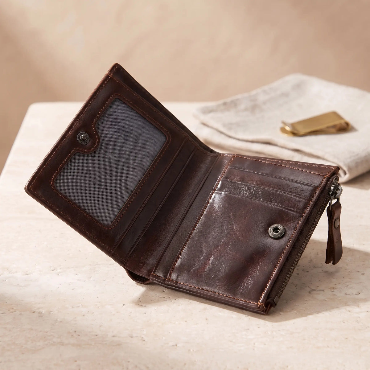 Leather Coin Wallet in Brown, open to show the ID window and card slots