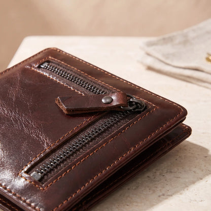 Leather Coin Wallet in Brown, zip coin pocket close-up