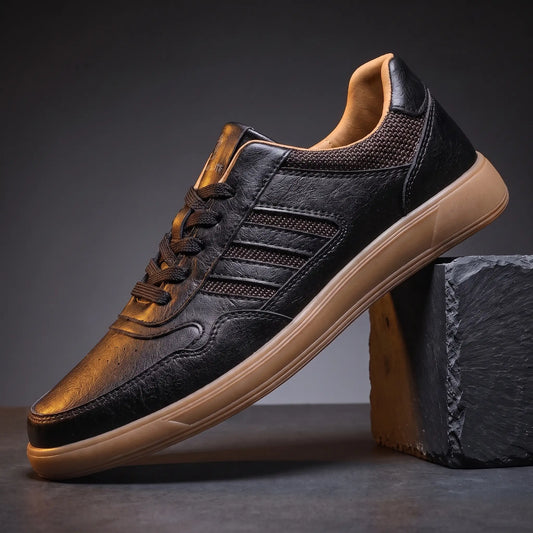 Black leather court sneakers with four raised side bars and flat gum sole