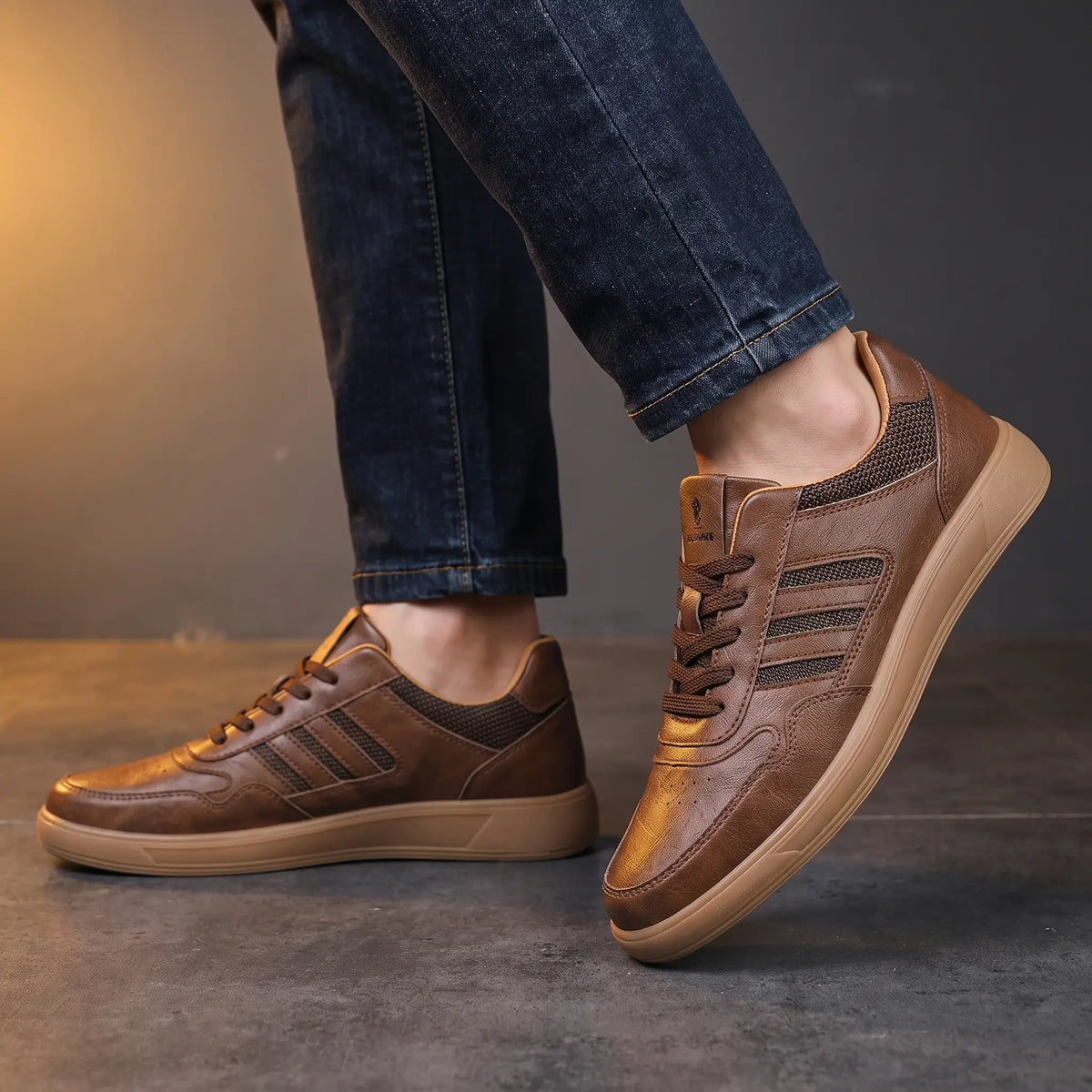 Man wearing brown leather court sneakers with dark indigo denim