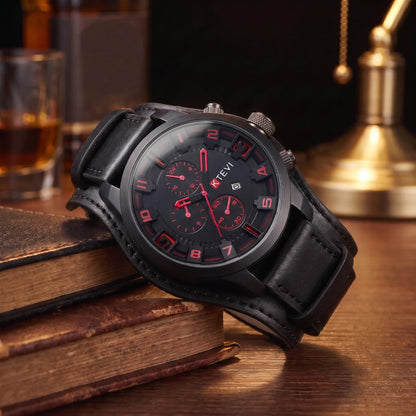 LEATHER CUFF WATCH in black, men's quartz watch with black case, stepped numeral dial and wide leather cuff strap