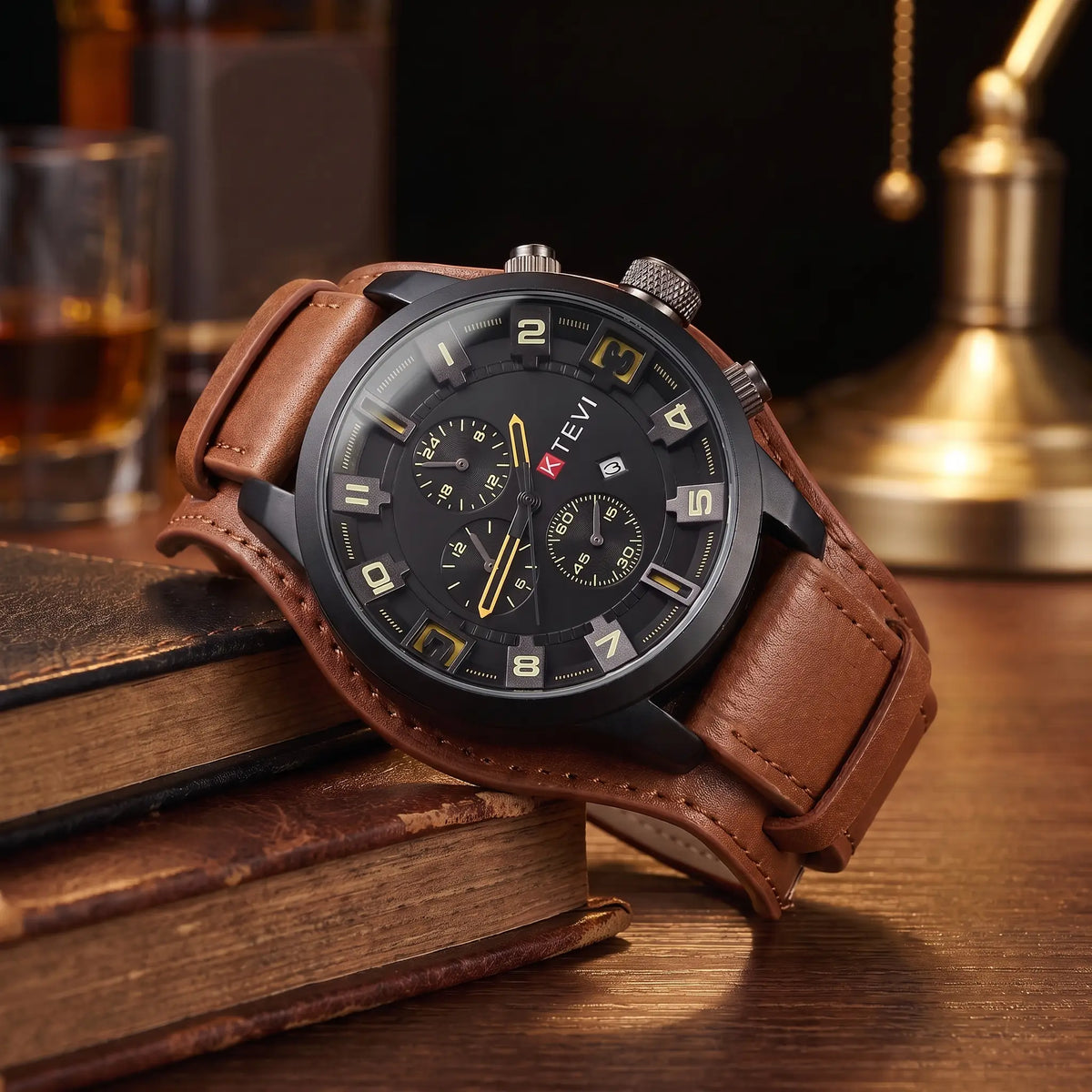 LEATHER CUFF WATCH in brown, men's quartz watch with black case, stepped numeral dial and wide leather cuff strap