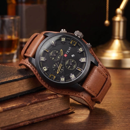 LEATHER CUFF WATCH in brown, men's quartz watch with black case, stepped numeral dial and wide leather cuff strap