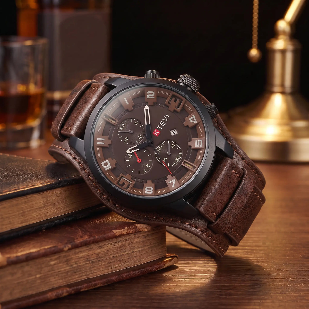 LEATHER CUFF WATCH in coffee, men's quartz watch with black case, stepped numeral dial and wide leather cuff strap