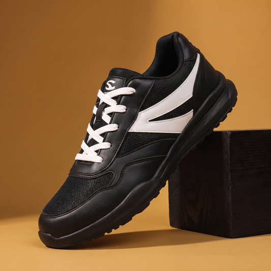 Lightweight Wide Toe Trainers in all black with white chevron