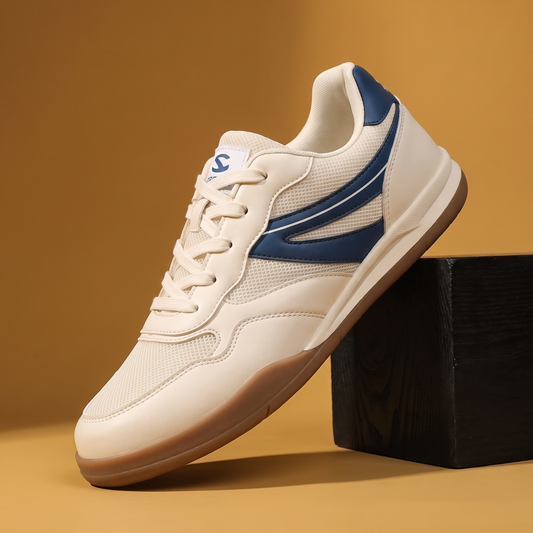 Lightweight Wide Toe Trainers in cream with navy blue chevron and gum sole