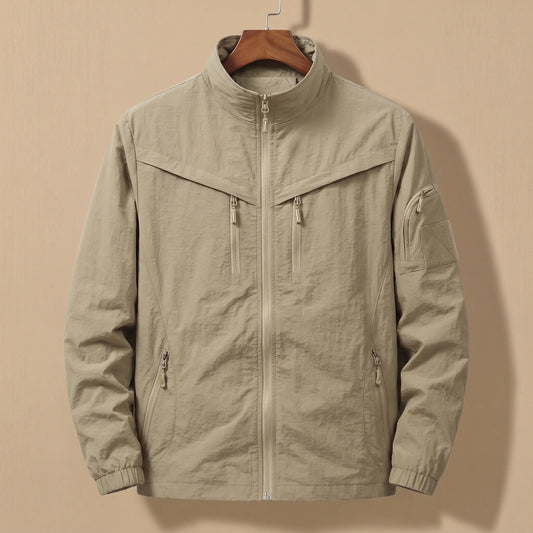 Men's khaki lightweight utility jacket with five zip pockets on a wooden hanger