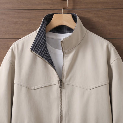 Light Collar Jacket in Beige, stand collar and check lining detail