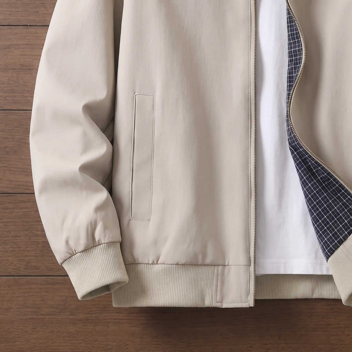 Light Collar Jacket in Beige, rib cuff, hem and side pocket detail