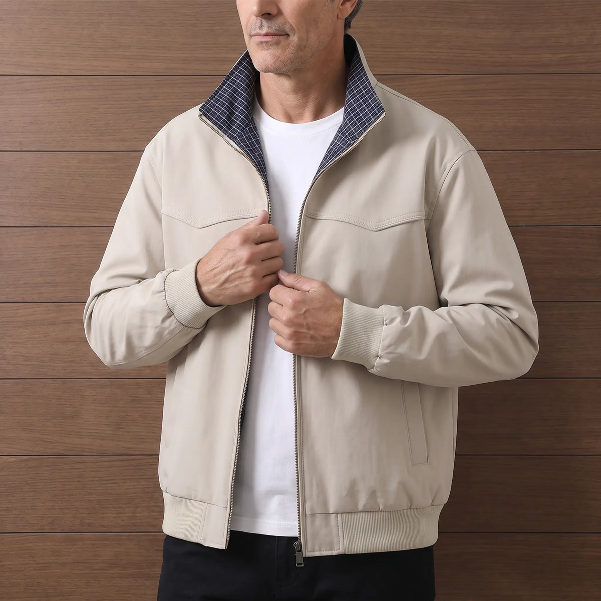 Light Collar Jacket in Beige, worn open over a white tee