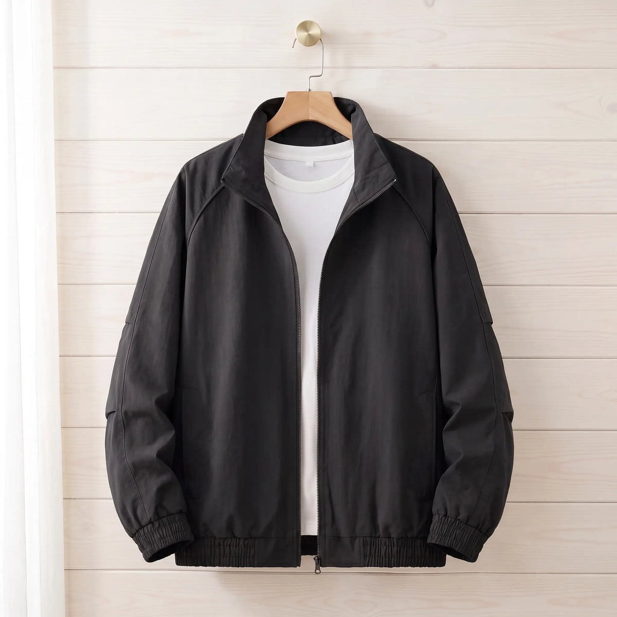 Stand collar work jacket in black