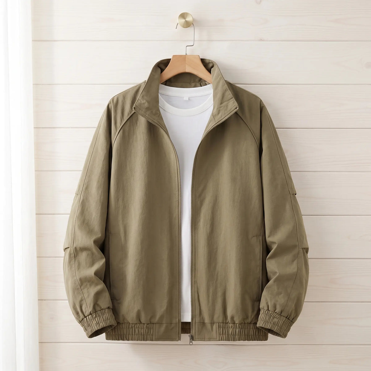 Stand collar work jacket in khaki