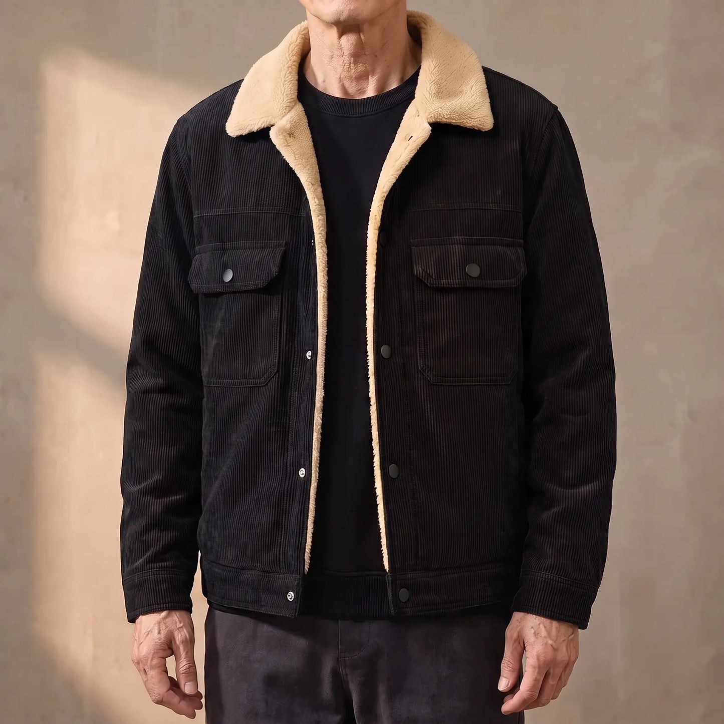 Black lined corduroy jacket with sherpa collar worn open by an older man