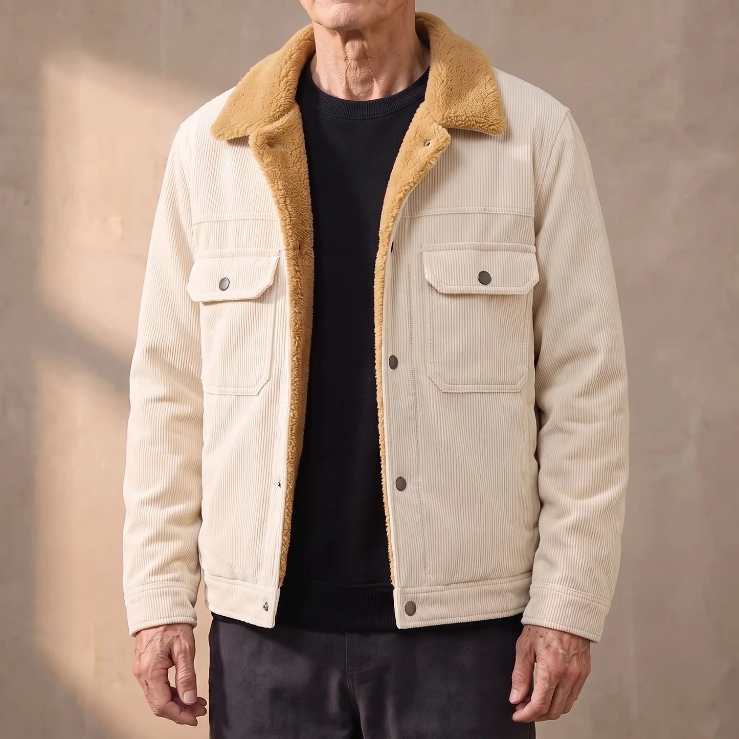 Cream lined corduroy jacket with sherpa collar worn open by an older man