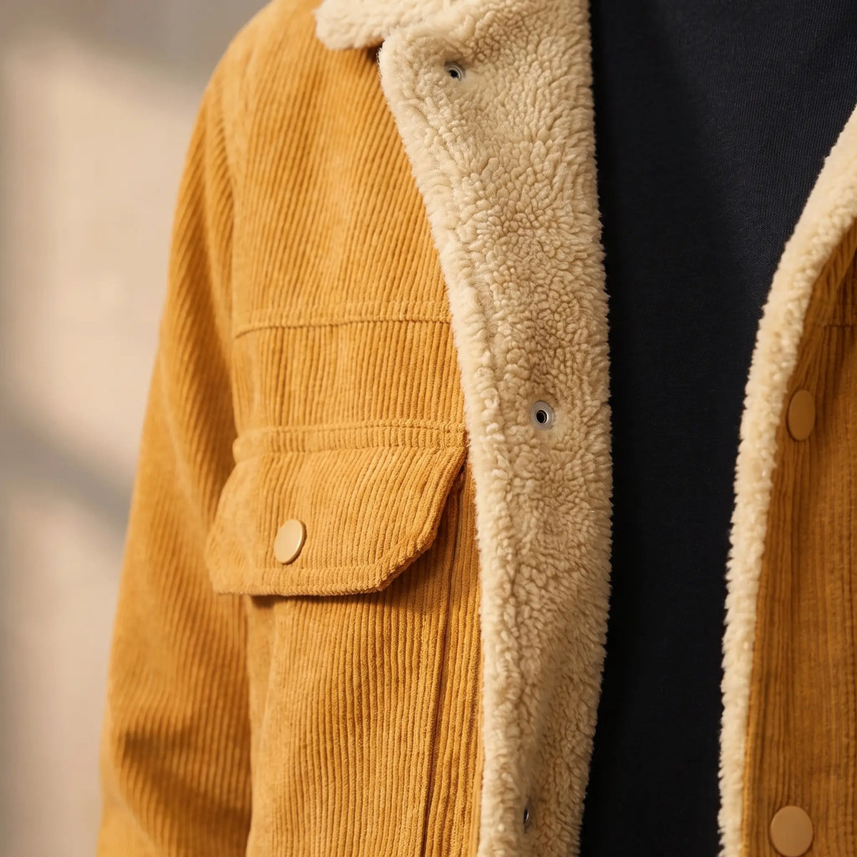 Close-up of the corduroy jacket collar, sherpa lining and snap buttons