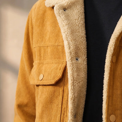 Close-up of the corduroy jacket collar, sherpa lining and snap buttons