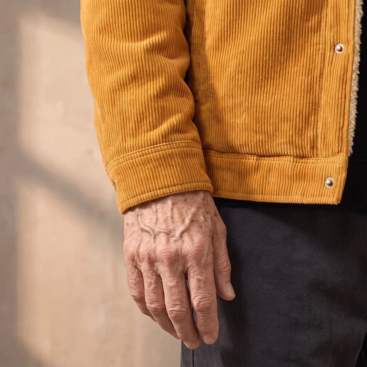 Close-up of the corduroy jacket cuff at the wrist with the hem band and sherpa lining