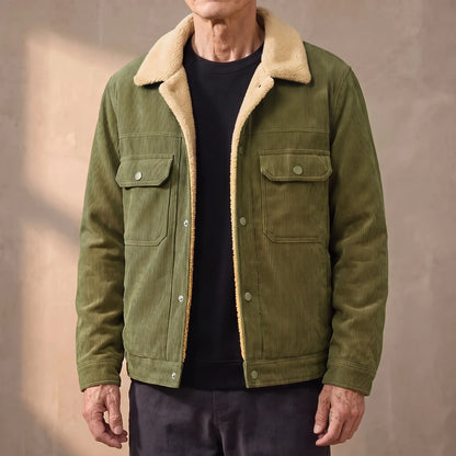 Green lined corduroy jacket with sherpa collar worn open by an older man