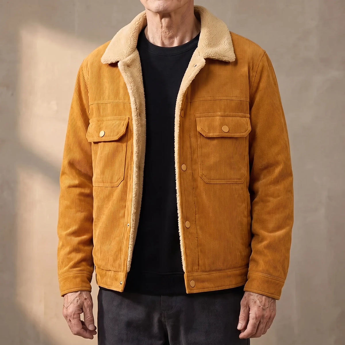 Mustard lined corduroy jacket with sherpa collar worn open by an older man