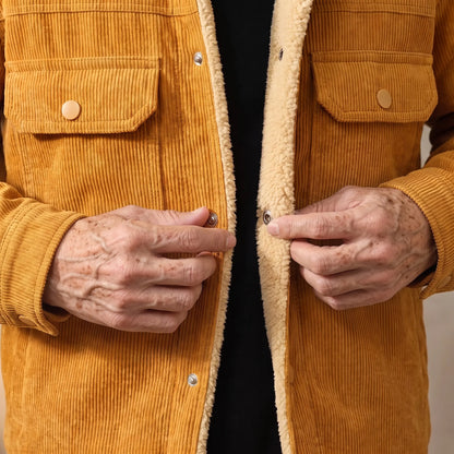 Older man fastening the snap buttons on the lined corduroy jacket