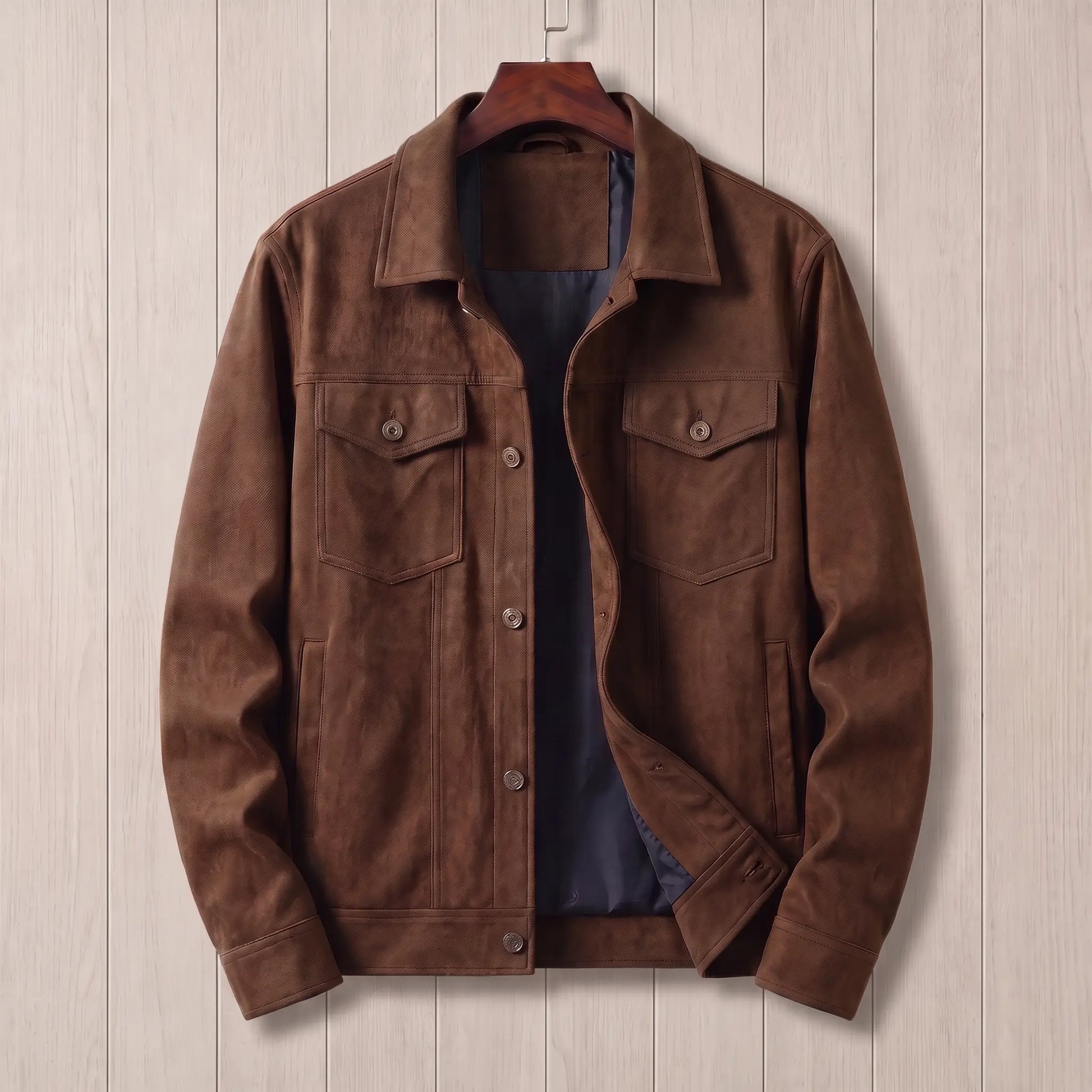 Lined trucker jacket in brown with soft brushed finish, pointed flap chest pockets and navy lining