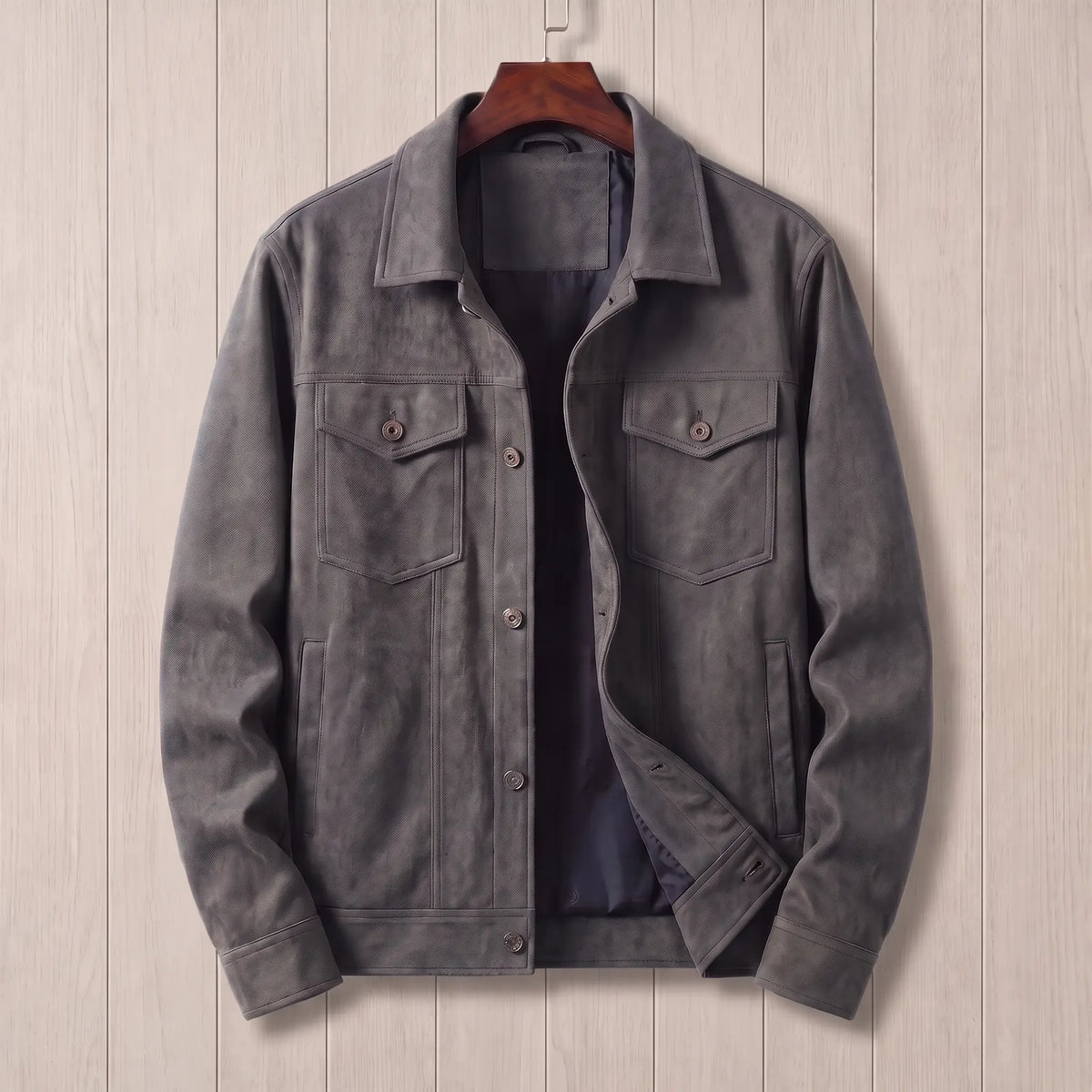 Lined trucker jacket in grey with soft brushed finish, pointed flap chest pockets and navy lining
