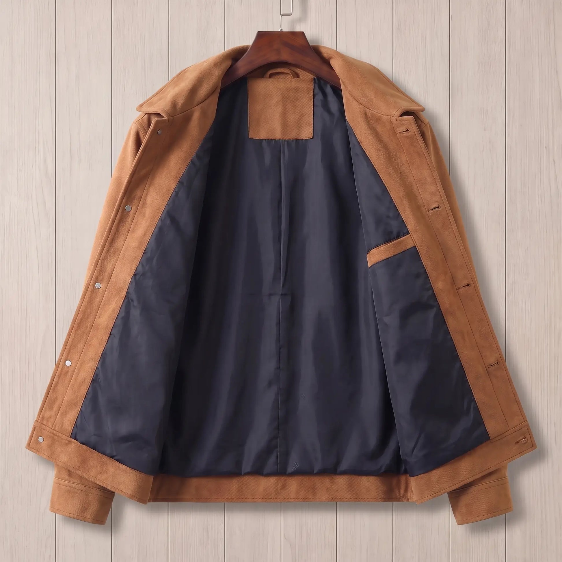 Interior view of the tan lined trucker jacket showing the smooth navy lining and inner pocket